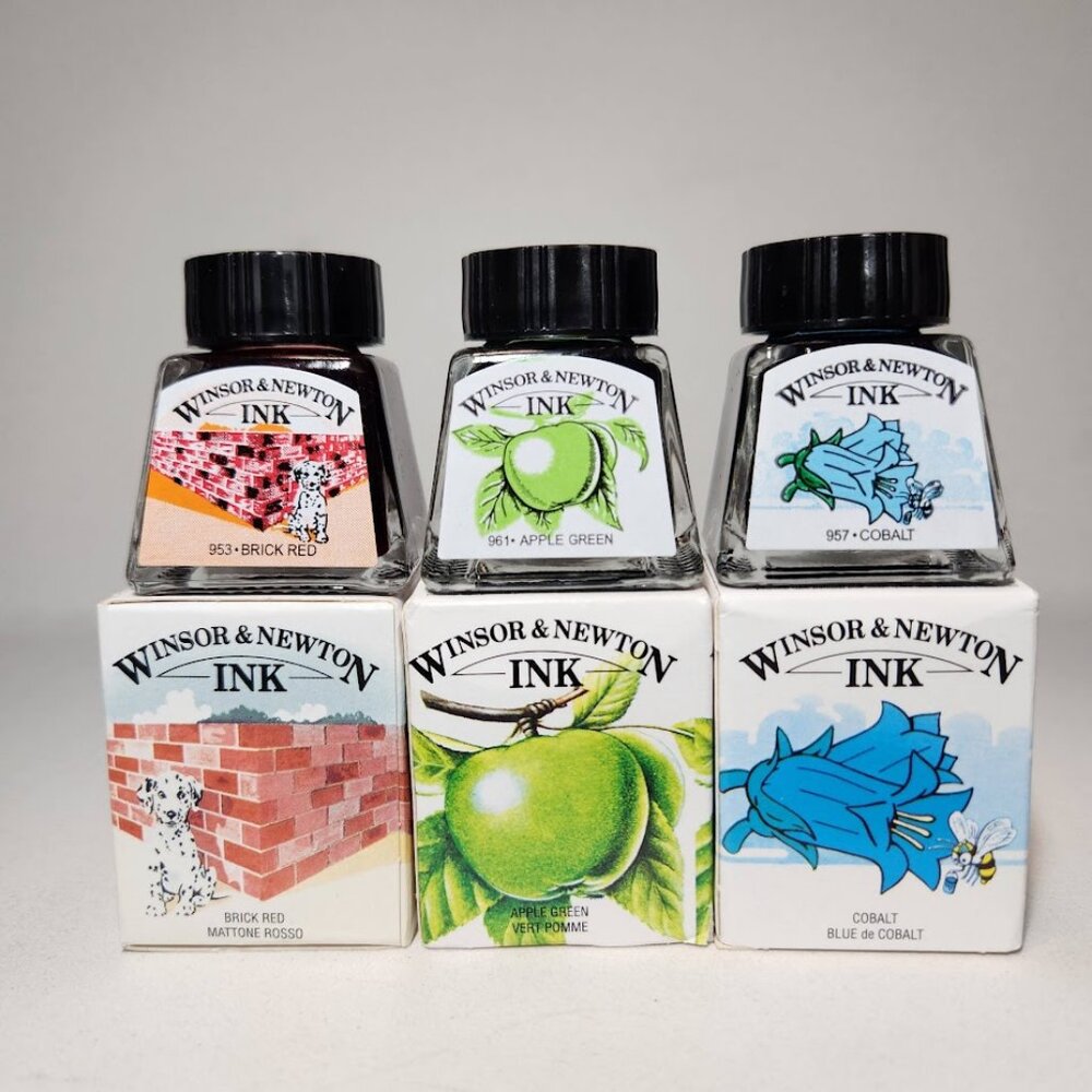 3X Winsor & Newton Drawing Ink 14ml Bottle Blue Red Green Shimmer NEW Art Supply